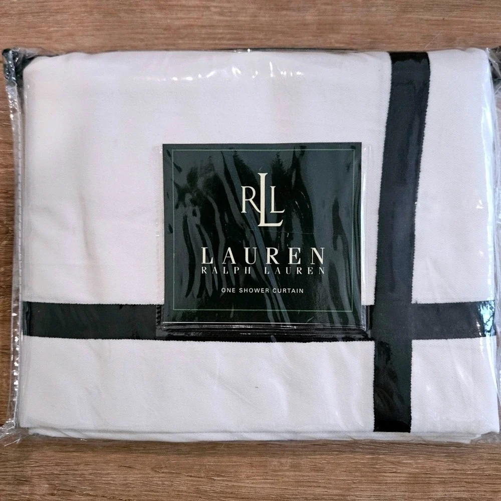 Lauren Ralph Lauren White Shower Curtain Black Grosgrain Ribbon Trim 72x72 New